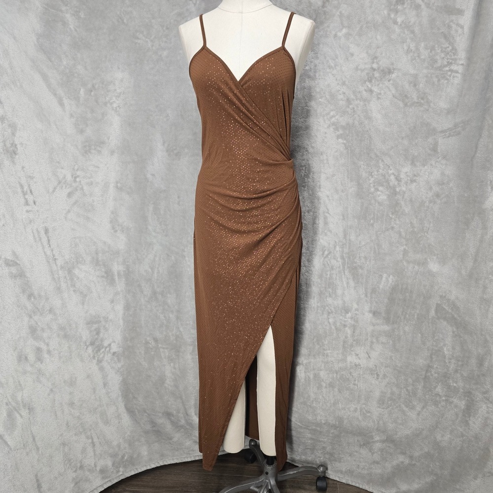 Vtg Y2K Misty Rose Maxi Dress Women M Brown Glitter Ruched High Slit Glam Party